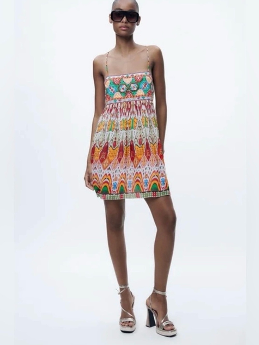 Zara Multicolor Embroidered & Printed Spaghetti-Strap Mini Dress